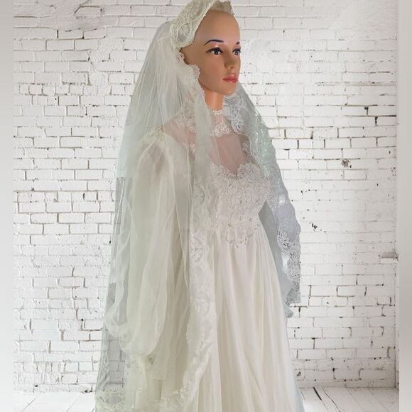 Vntg. Alfred Angelo Chiffon Wedding Dress High Neck Long Sleeves Bridal Gown - Picture 6 of 16